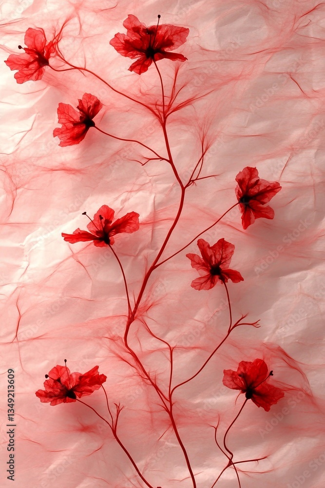 Fototapeta premium Red Watercolor Flowers On Pink, Delicate Floral Illustration, Gentle Artwork, Soft Floral Background