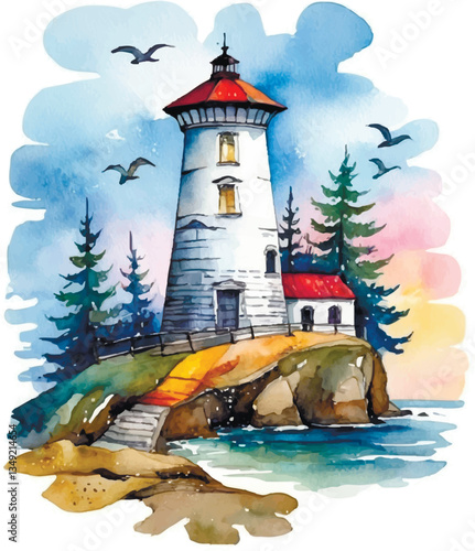 Seascape with rocks and an old lighthouse. Watercolor Lighthouse, Aquarelle Beacon,