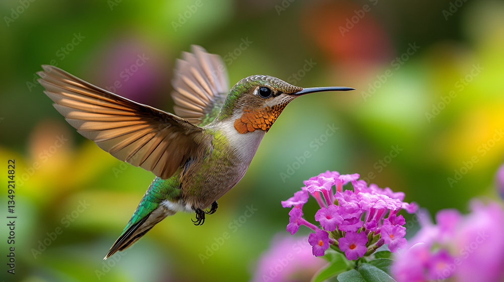 Fototapeta premium A vibrant hummingbird in flight, gracefully approaching a cluster of delicate purple flowers, bathed in soft sunlight and a blurred bokeh background.