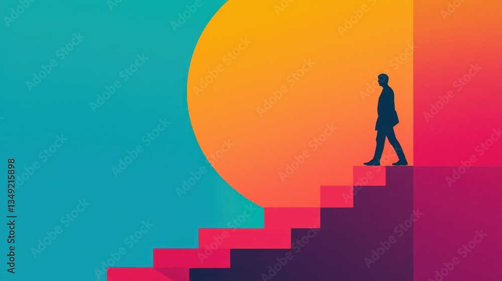Silhouette of a Businessman Walking Upstairs Against a Gradient Sunset Background in an Abstract Art Style Reflecting Progress and Achievement Silhouette of a Businessman Walking Upstairs Against a Gradient Sunset Background in an Abstract Art Style Reflecting Progress and Achievement