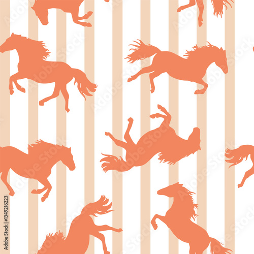 Abstract Hand Drawing Trend Colors Running Horses Seamless Vector Pattern with Vertical Striped Isolated Background