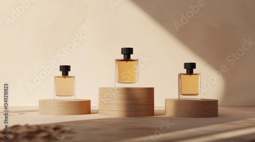 Wallpaper Mural Amber Perfume Bottles on Wooden Pedestals in Sunlight Torontodigital.ca