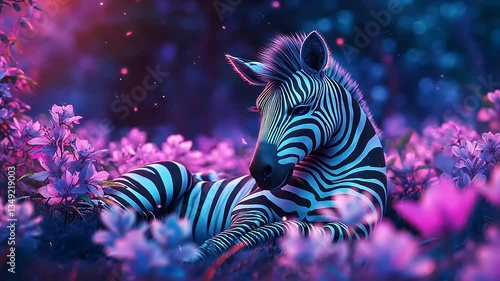 A serene zebra resting among vibrant purple flowers in a dreamy, colorful forest setting