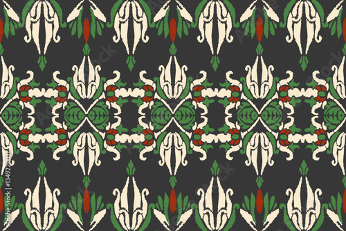 Embroidered Ikat flower pattern on a black background. Traditional ethnic ikat, Aztec abstract vector pattern, seamless pattern in tribal, folk embroidery and Mexican style.