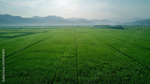 Densely packed rice paddy field in China with farmers planting high yield hybrid rice to produce more food per hectare illustrating intensive farming