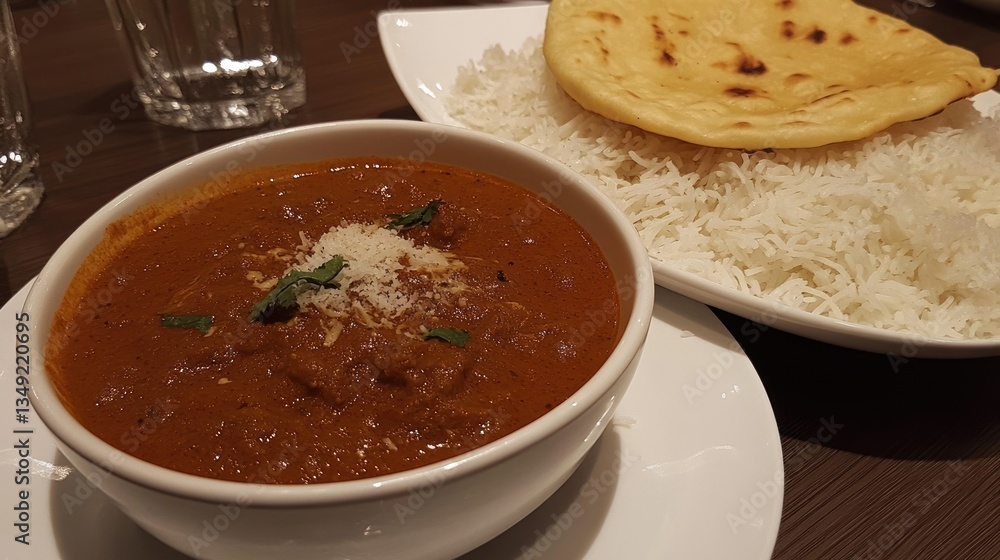 Delicious Indian Curry with Rice and Naan Bread