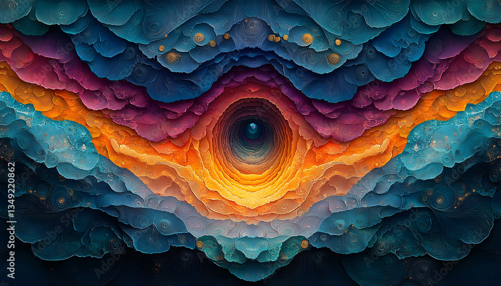 Fototapeta premium Abstract artwork depicting a deep, layered eye-like structure within a vibrant, swirling landscape of colors