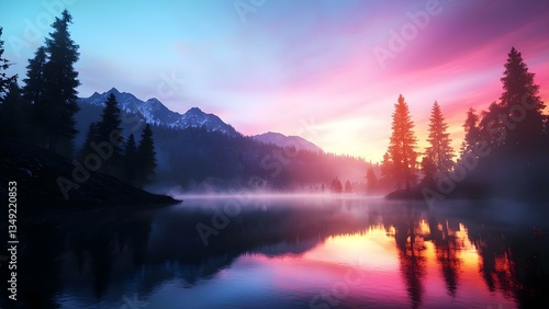 A tranquil landscape featuring a lake surrounded by mountains and pine trees, with a vibrant sunrise reflecting on the water. Concept Tranquil Lake Views, Majestic Mountains, Pine Tree Forests