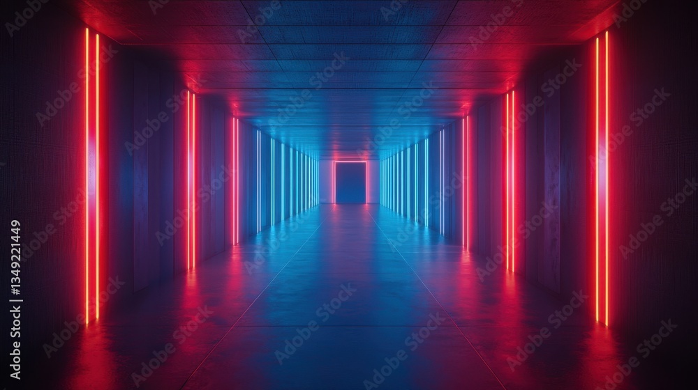Fototapeta premium Stunning neon light corridor with vibrant blue and red glowing stripes illuminating a futuristic hallway creating a captivating atmosphere for visual content