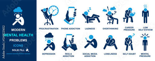 modern mental health problems procrastination, depression, social media addiction, over thinking self doubt, phone addiction, laziness,  reels addiction, career pressure, mental pressure, loneliness, 