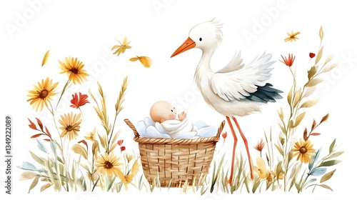 Adorable stork transporting infant in stylish boho basket - Stock Photo