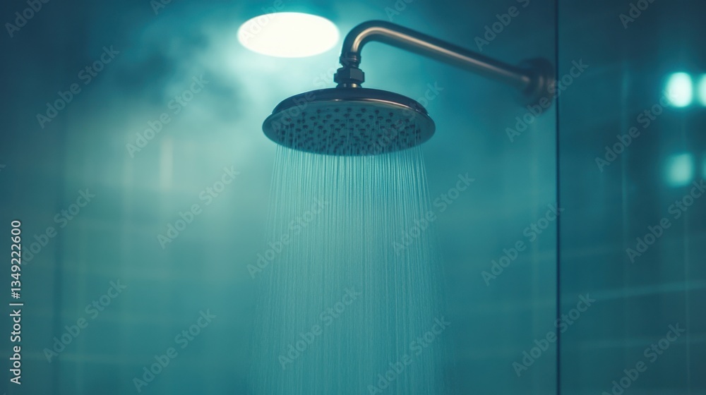Modern shower head with water droplets in stylish bathroom, steam rising from hot water, creating a tranquil and relaxing atmosphere for self-care Modern shower head with water droplets in stylish bathroom, steam rising from hot water, creating a tranquil and relaxing atmosphere for self-care