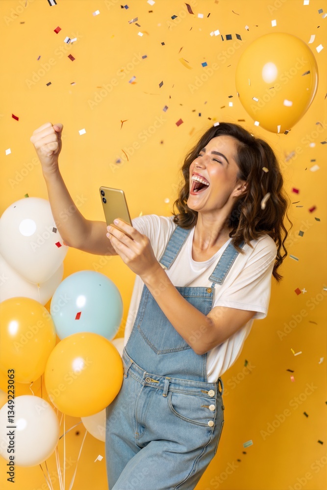 Fototapeta premium Excited Woman Celebrates Online Success with Mobile Phone 