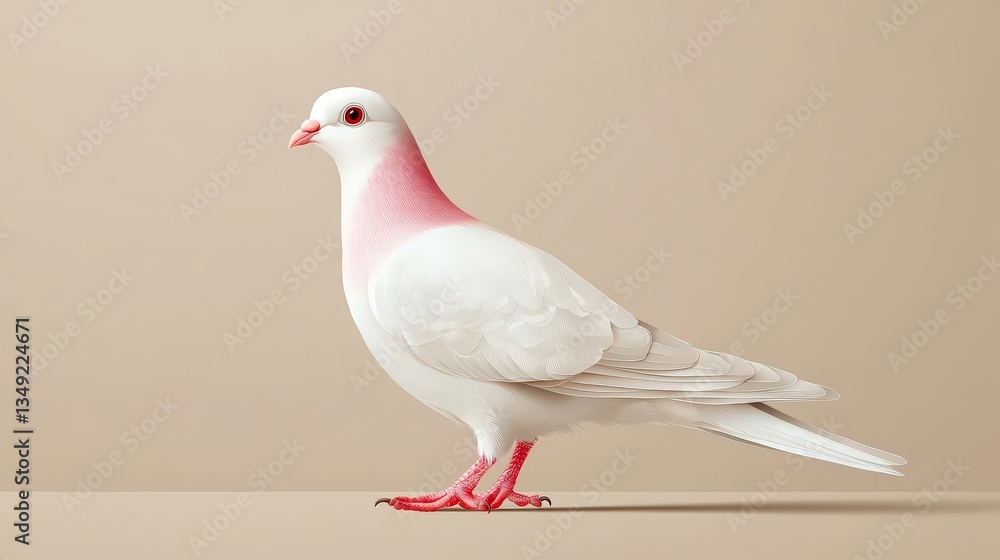 Obraz premium Pigeon's Gentle Pose: A single pigeon, with a striking plumage of white and touches of pink, stands gracefully in a studio setting, exuding serenity and purity.