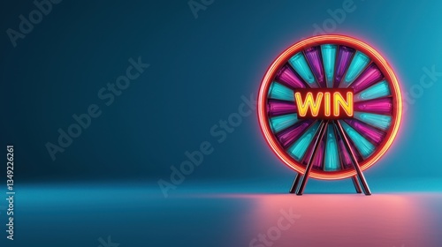 Colorful illuminated wheel with the neon word WIN glowing in the center, set against a vibrant gradient background, symbolizes opportunities and excitement