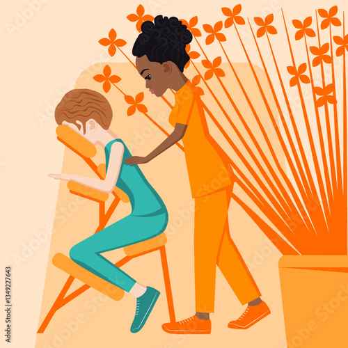 Manual massage. treatment by professional therapist in SPA. Chair Massage Therapy. Isolated flat vector illustration. African and European ethnicity.