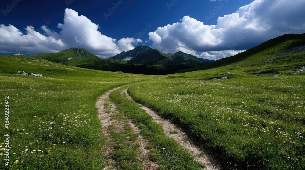 Scenic mountain path through a vibrant meadow Scenic mountain path through a vibrant meadow