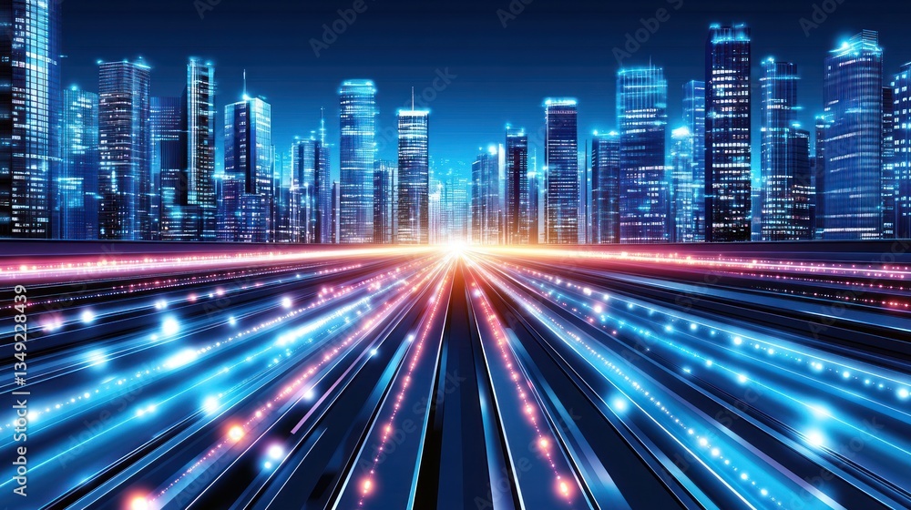 Futuristic Cityscape: High-Speed Highway to the Metropolis at Night Futuristic Cityscape: High-Speed Highway to the Metropolis at Night
