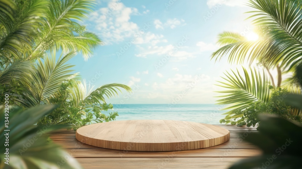 Fototapeta premium Tropical beach scene with empty wooden platform.