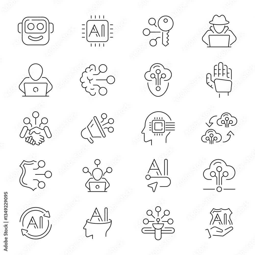 Artificial intelligence icons collection. AI icon set. Artificial intelligence, brain, intelligence, computing innovation related thin line icon collection. Editable stroke Artificial intelligence icons collection. AI icon set. Artificial intelligence, brain, intelligence, computing innovation related thin line icon collection. Editable stroke