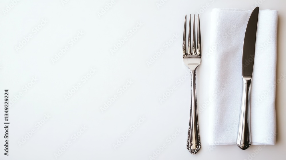 Table setting with fork, knife, and napkin on white surface Table setting with fork, knife, and napkin on white surface