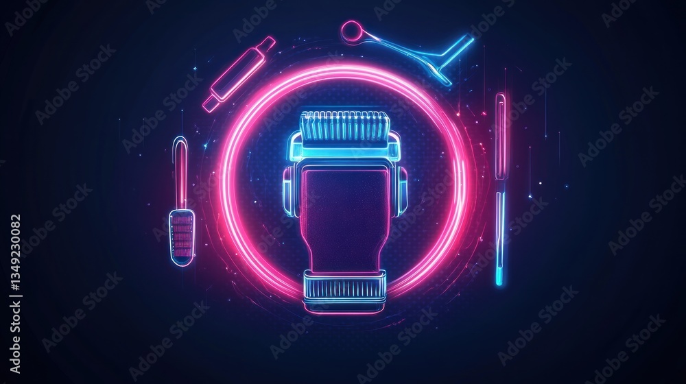 Obraz premium Neon Hair Clipper with Tools, Digital Background, Salon