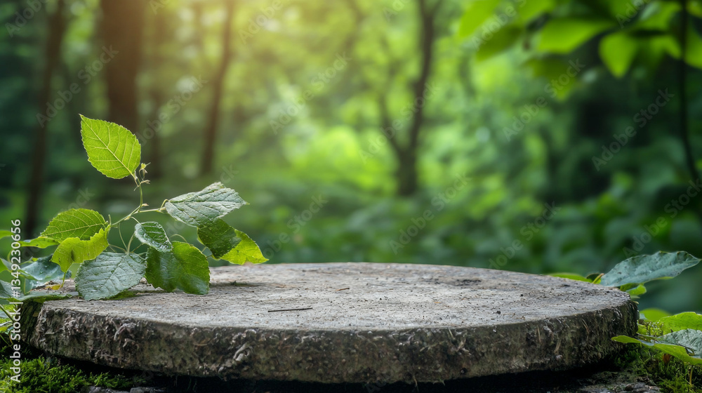 Obraz premium serene natural green podium surrounded by leafy vines in lush forest setting, evoking sense of tranquility and connection to nature