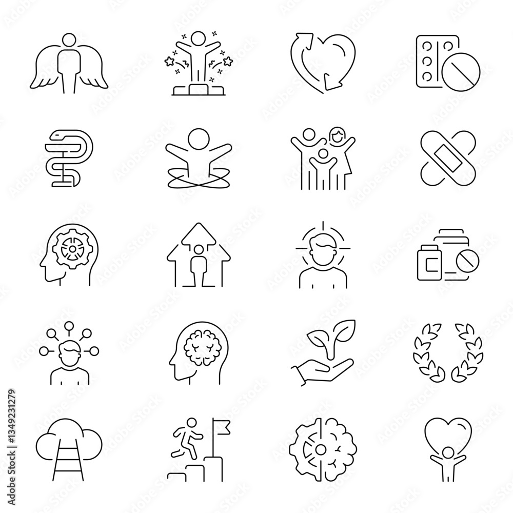 Psychology and mental growth vector outline icon set. Brain and mind development icons Psychology and mental growth vector outline icon set. Brain and mind development icons