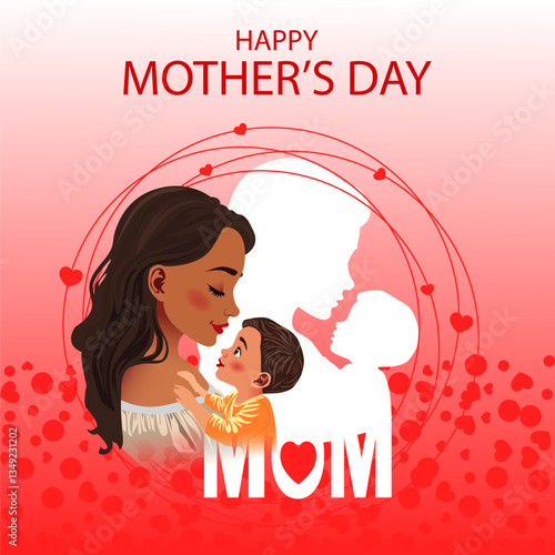 Elegant Happy Mother’s Day Design with a Mother and Child, Heart Elements, and a Red Background, Perfect for Greeting Cards, Social Media, and Print Materials.