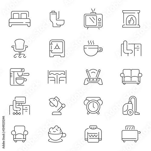 Domestic house elements vector outline icon set. Furniture and home interior icons