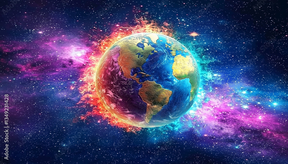 Obraz premium A vibrant depiction of Earth surrounded by cosmic flames and stars, showcasing the beauty and mystery of the universe.