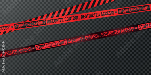 Realistic red security tape with 'STOP! CHECKPOINT' and 'RESTRICTED ACCESS' warning text on transparent background. High-quality vector illustration.