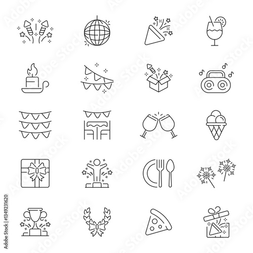 Party celebration vector outline icon set. Festive event symbols