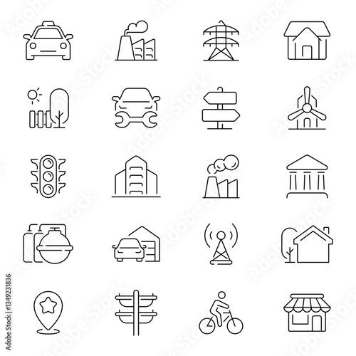 Urban infrastructure vector outline icon set. Urban development symbols