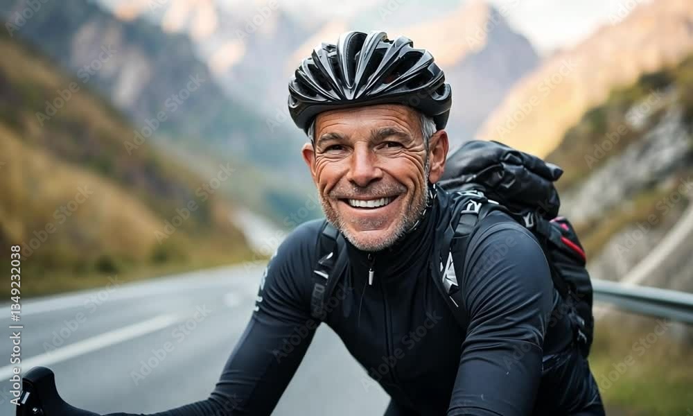 Cheerful older man in cycling gear smiling on a road with mountain backdrop and backpack. Cheerful older man in cycling gear smiling on a road with mountain backdrop and backpack.