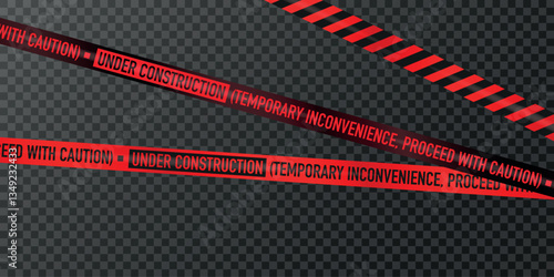 Realistic red and black under-construction tape with warning text on a transparent background. High-quality 3D rendering for caution and safety concepts.