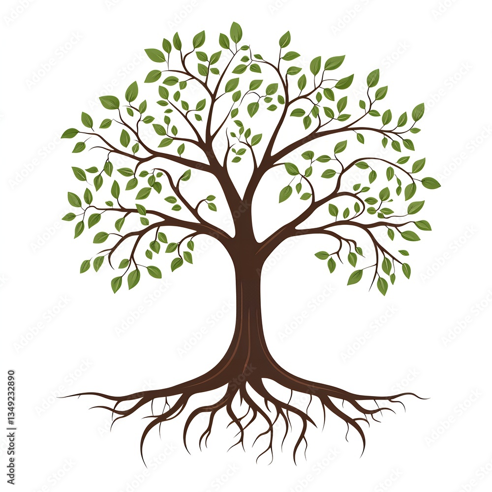 Fototapeta premium Lush Green Tree with Deep Roots Illustration Nature Graphic Design Element