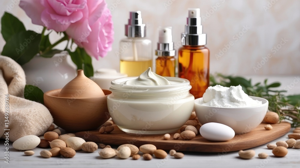 An array of natural skincare ingredients is laid out on a light surface. An array of natural skincare ingredients is laid out on a light surface.