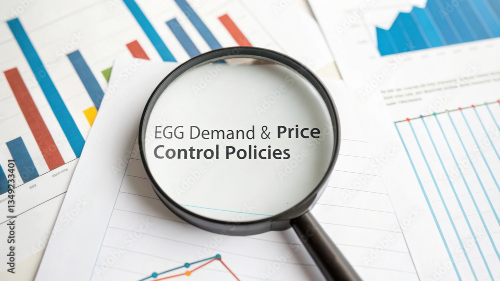 Increasing of egg price. Close up of magnifying glass over financial reports showing graphs and text about egg demand. Increasing of egg price. Close up of magnifying glass over financial reports showing graphs and text about egg demand.
