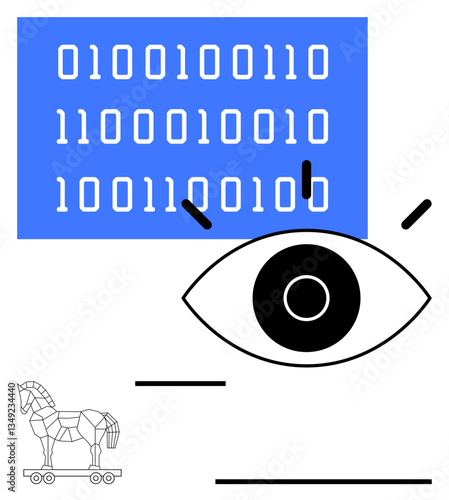 Binary code in blue rectangle, large eye symbol, minimal lines, and a Trojan horse outline. Ideal for cybersecurity, hacking, privacy, digital threats surveillance coding and online safety. Flat