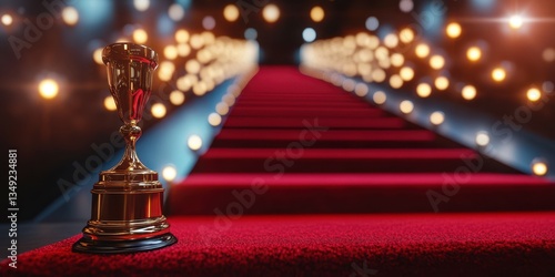 Award trophy on a red carpet leading to glowing lights in a celebratory venue at night