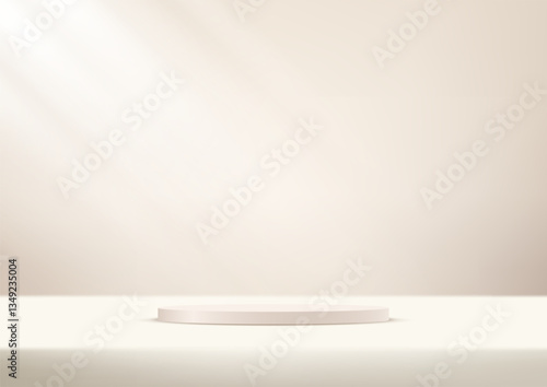 Beige background vector 3d with podium. 3D abstract studio room with pedestal podium. Space for selling products, backdrop, wallpaper, background, text. Vector illustration.