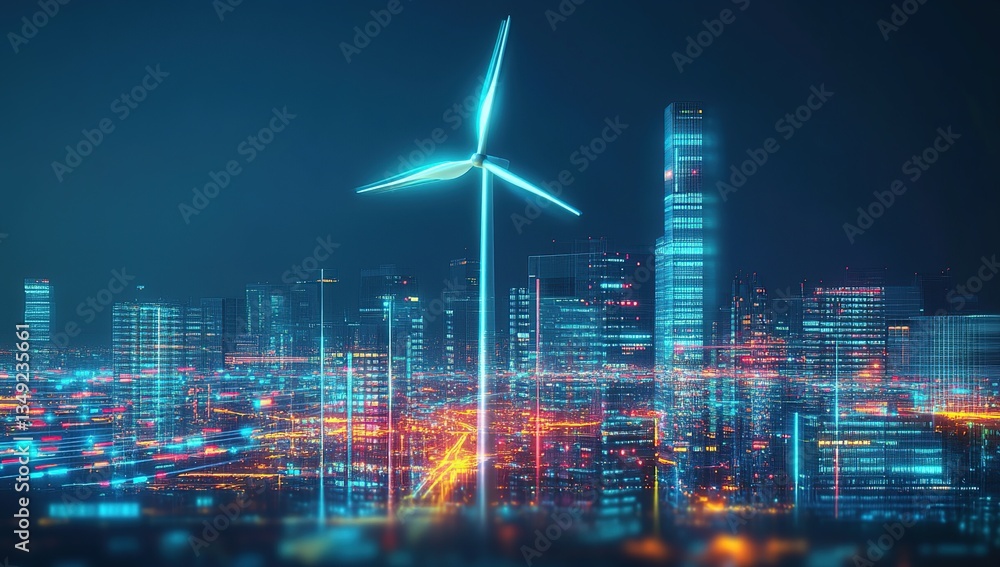 Fototapeta premium Futuristic Cityscape with Glowing Wind Turbine at Night