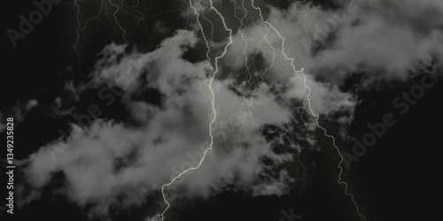 Mountainous Cumulus Clouds Boiling in the Summer Sky. White cloudiness, mist or smog overlay backgrounds. Wide sky and clouds dark tone. Dark cloud at evening sky with thunder bolt.>>
