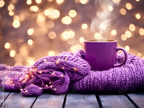 Wallpaper Mural Cozy Winter Scene: Purple Mug of Hot Drink with Knit Scarf and Fairy Lights Torontodigital.ca