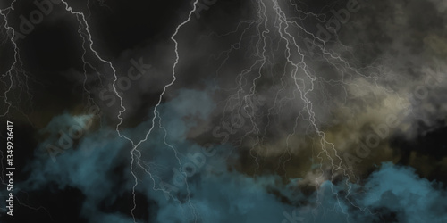 Mountainous Cumulus Clouds Boiling in the Summer Sky. White cloudiness, mist or smog overlay backgrounds. Wide sky and clouds dark tone. Dark cloud at evening sky with thunder bolt.>>
