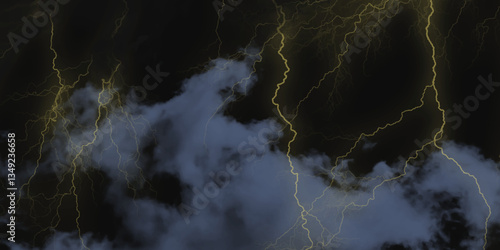 Mountainous Cumulus Clouds Boiling in the Summer Sky. White cloudiness, mist or smog overlay backgrounds. Wide sky and clouds dark tone. Dark cloud at evening sky with thunder bolt.>>
