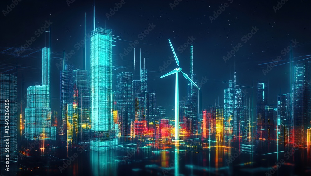 Fototapeta premium Futuristic Cityscape at Night with Neon Lights and Wind Turbine