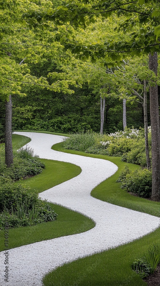 Fototapeta premium Winding gravel path through lush green garden