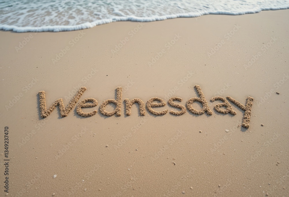 Fototapeta premium Wednesday Written in Sand Near Ocean Waves Rolling on the Beach